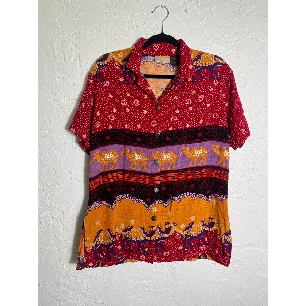 Authentics Anthony Mark Hankins Womens Red Camel Print Rayon Button Down Shirt M